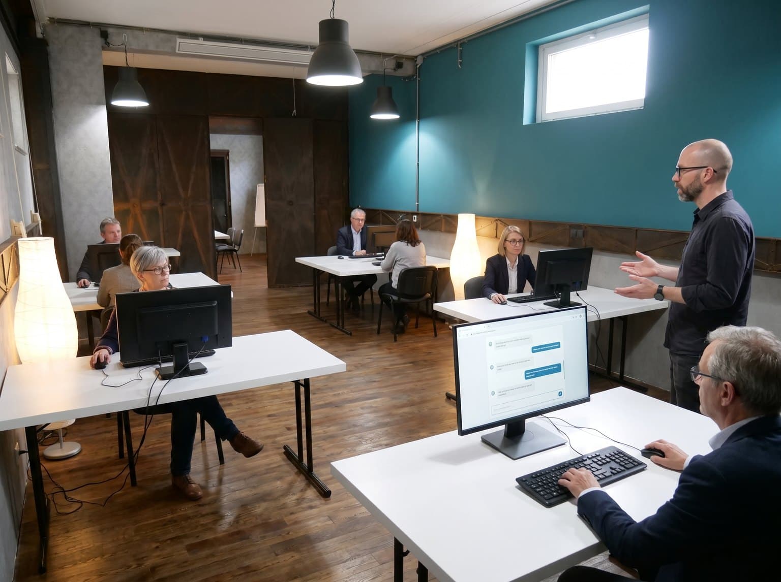 KI-Seminar im Creative Workspace in Nackenheim: kleine Gruppe an Arbeitsplätzen mit Monitoren